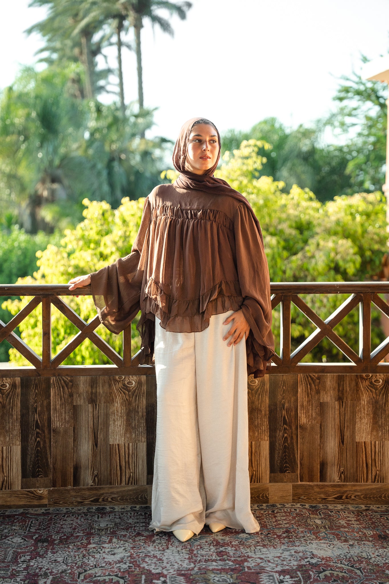 Flowy Ruffle Chiffon Blouse - Brown