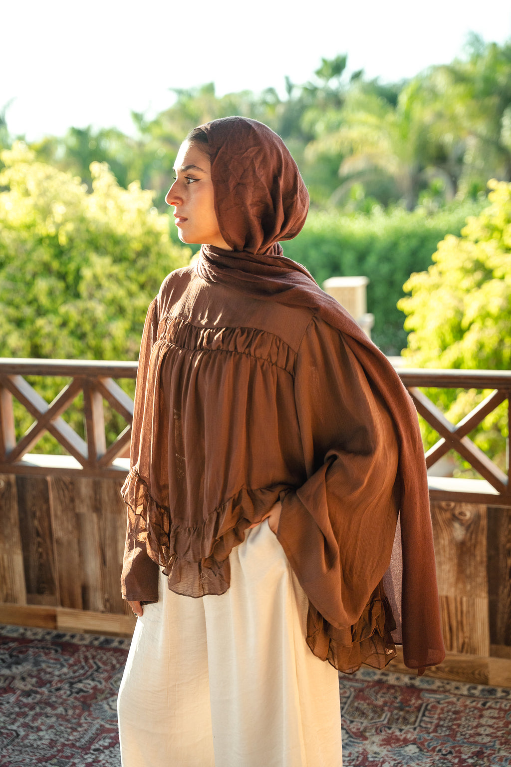 Flowy Ruffle Chiffon Blouse - Brown