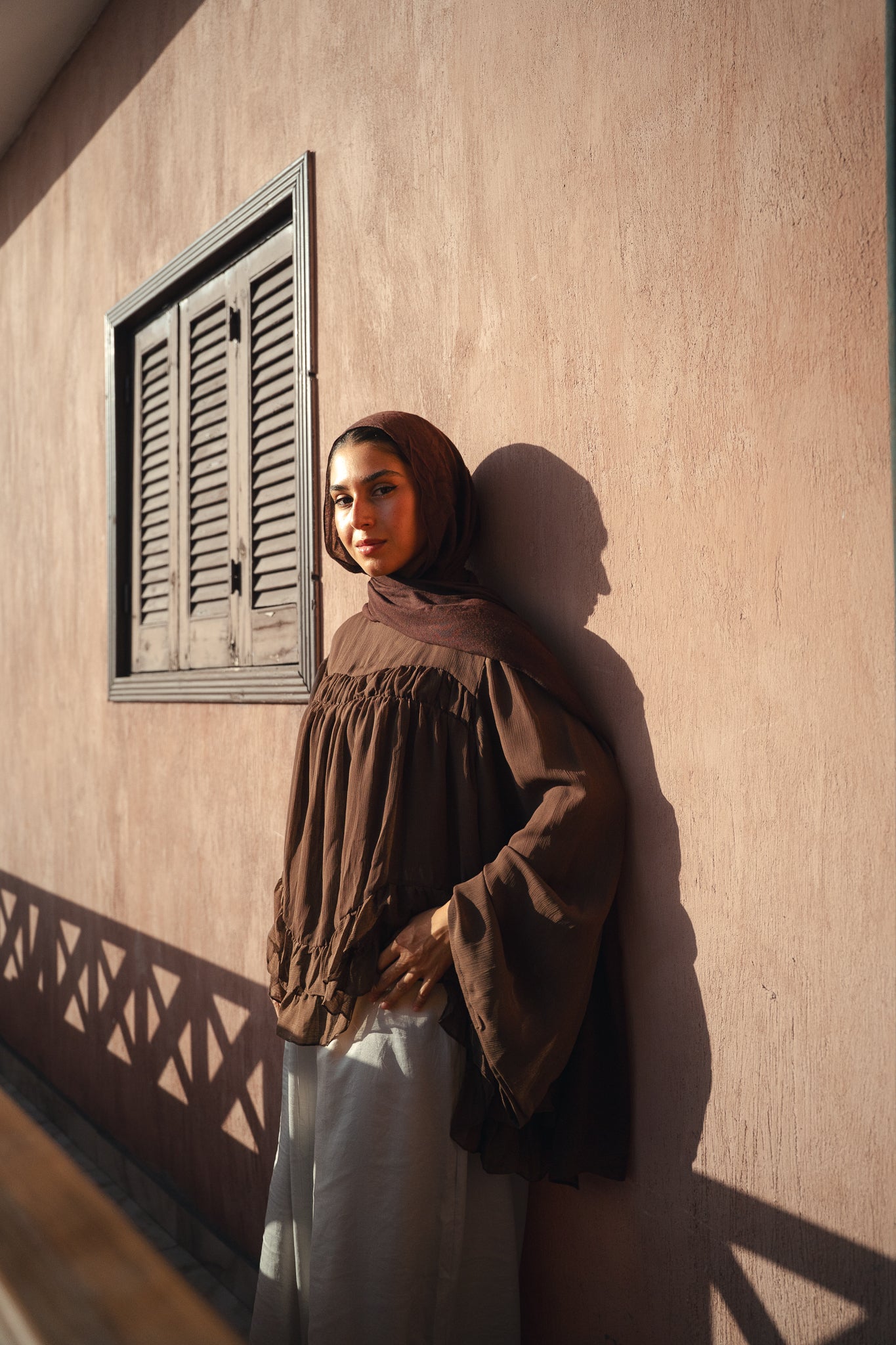 Flowy Ruffle Chiffon Blouse - Brown