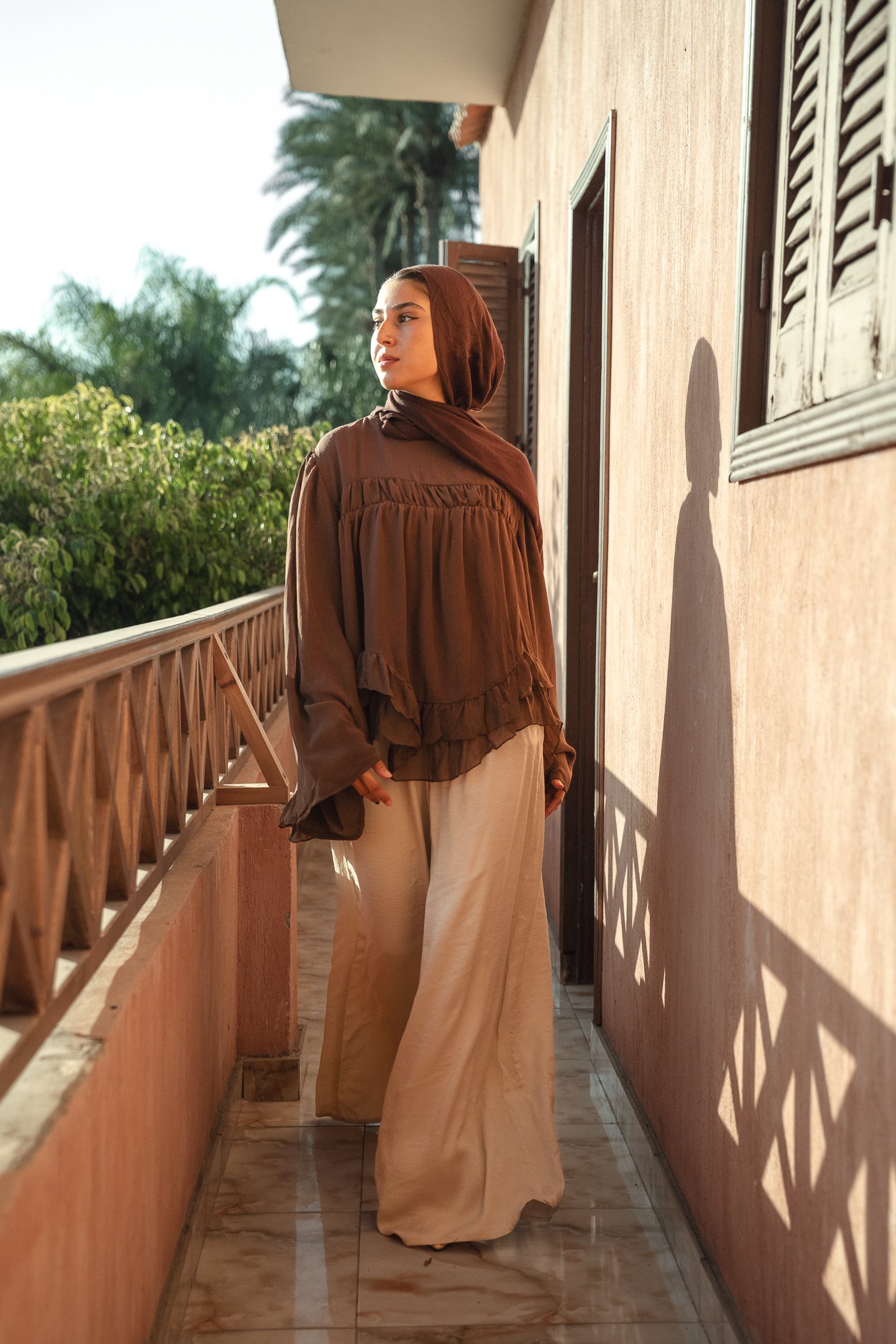 Flowy Ruffle Chiffon Blouse - Brown