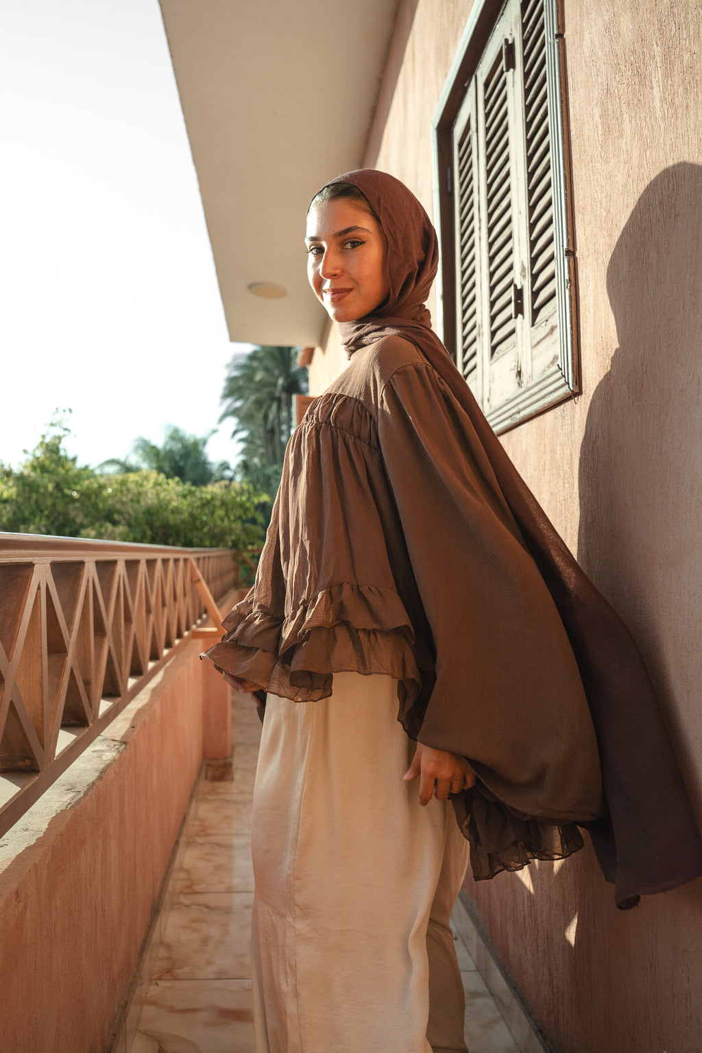 Flowy Ruffle Chiffon Blouse - Brown