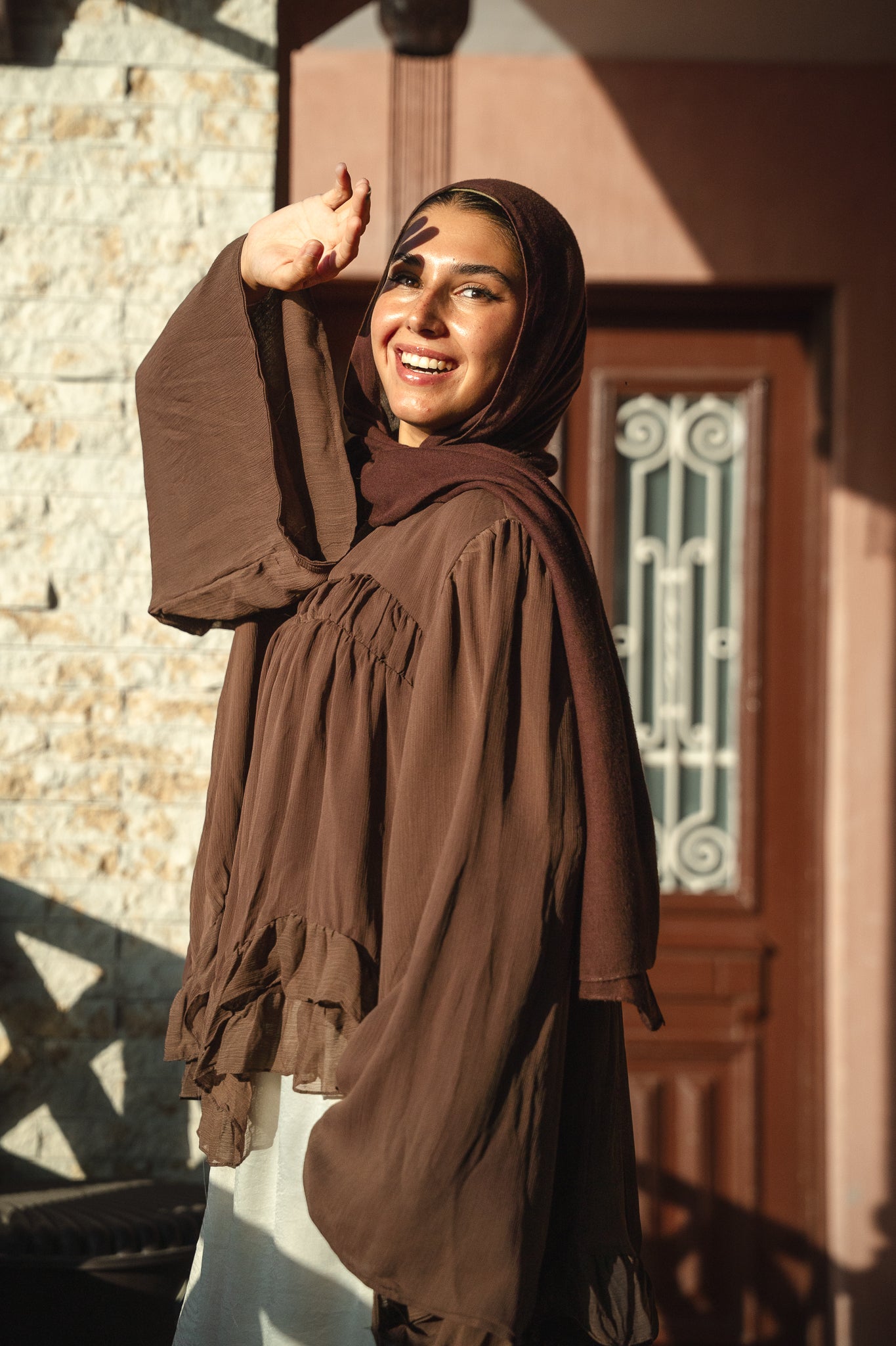 Flowy Ruffle Chiffon Blouse - Brown