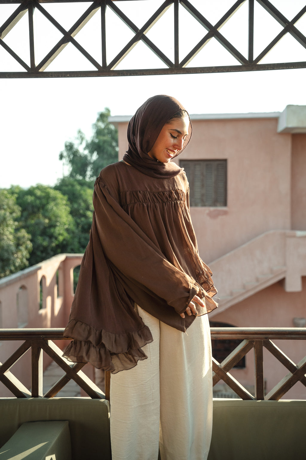 Flowy Ruffle Chiffon Blouse - Brown
