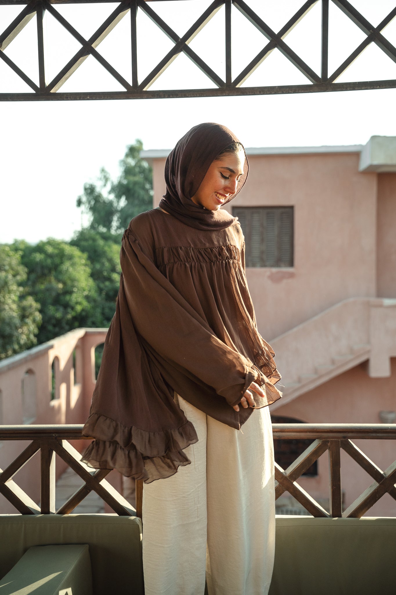 Flowy Ruffle Chiffon Blouse - Brown