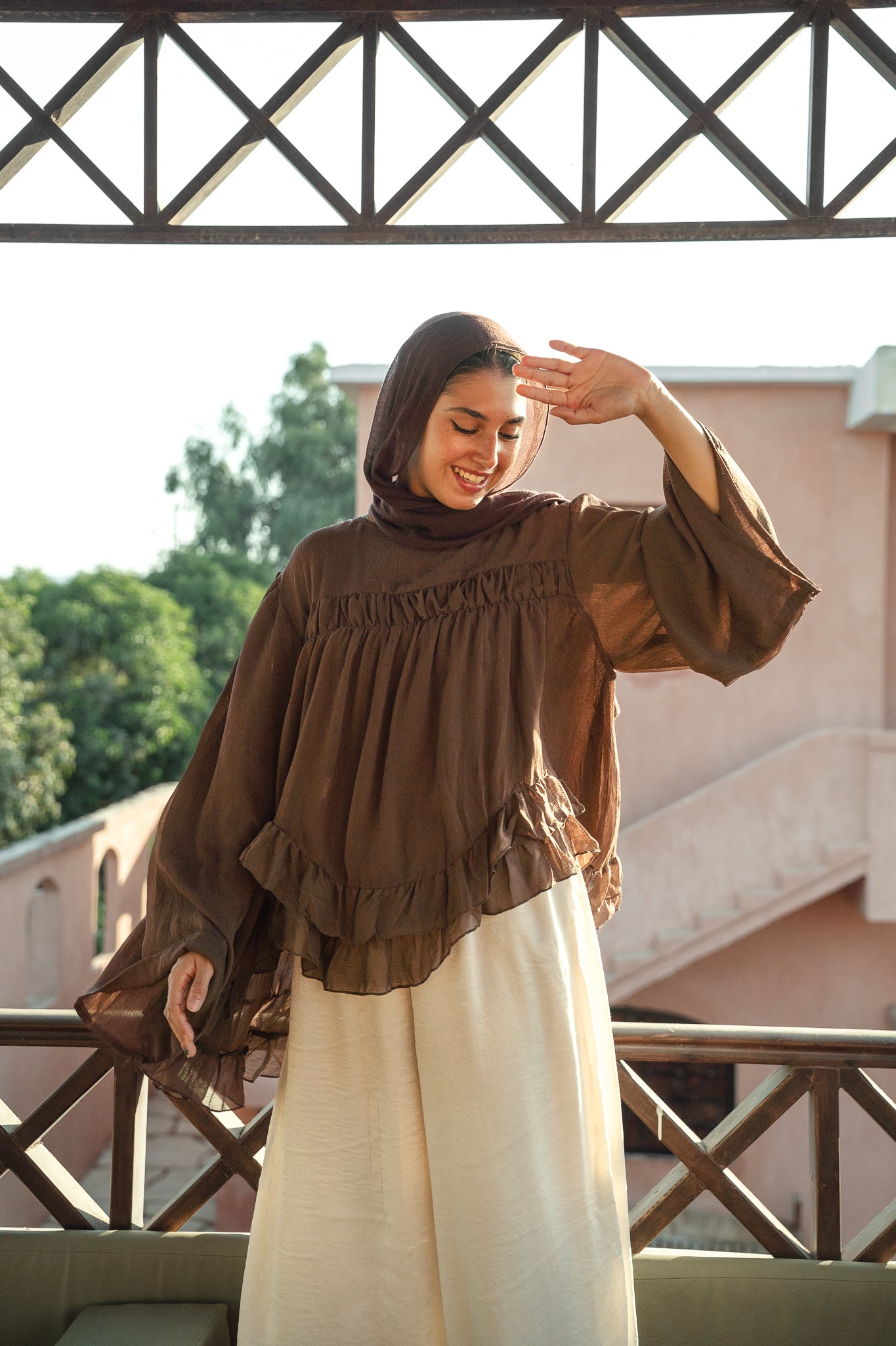 Flowy Ruffle Chiffon Blouse - Brown