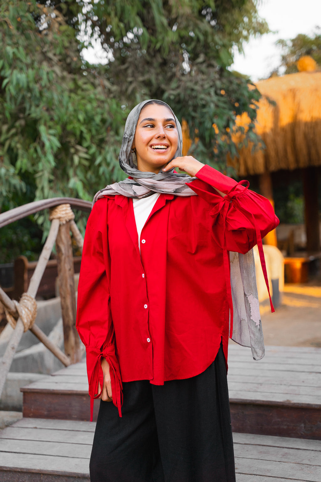 Ribbon Poplin Shirt — Red
